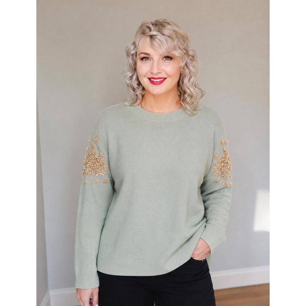 J.Crew Womens Sage Green Sequin Floral Beaded Wool Blend Sweater XS Long Sleeve